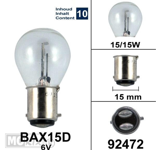 92472 LAMP BAX15D  6V 15/15W (10)
