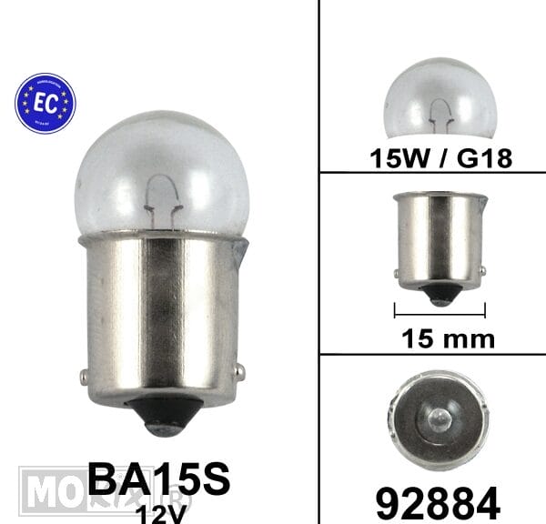 92884 LAMP BA15S 12V 15W KLEINE BOL G18 CE keur (1)