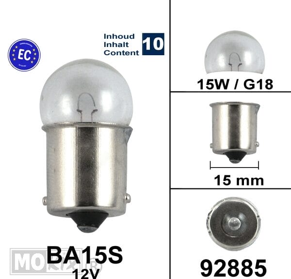 92885 LAMP BA15S 12V 15W KLEINE BOL G18 CE keur (10)