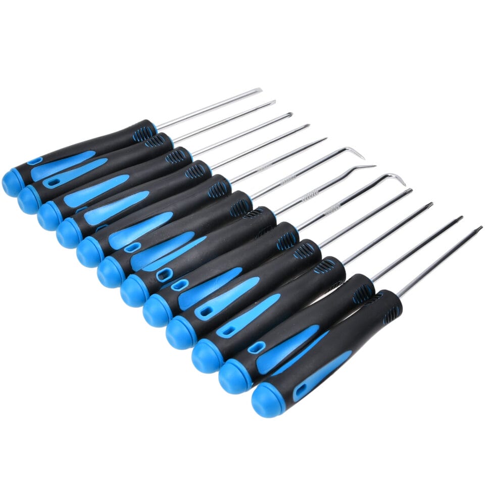 UNIVERSEEL Set precisiehaken en schroevendraaiers 12-delig: 2 platte schroevendraaiers: 2,5 mm, 3,5 mm 2 kruiskopschroevendraaiers: PH0, PH00 4 Torx-schroevendraaiers: TX6, TX7, TX8, TX10 4 haken gebogen: 45 °, 90 °, 135 °, 180 °