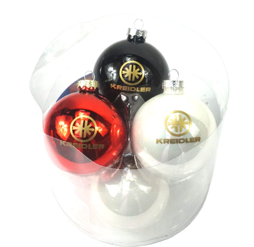 KREIDLER Set 6 kerstballen Kreidler wit - rood - zwart met logo  