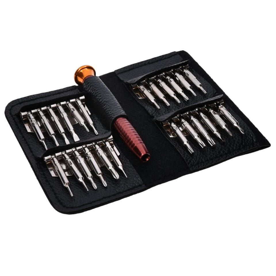 UNIVERSEEL 25-in-1 precisieschroevendraaier set bevat onder andere: Torx T2-T10 Kruiskop: 0.6 - 1 - 1.2 - 1.5 - 2 - 3 MM