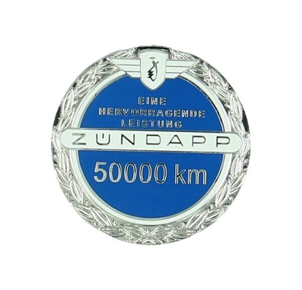 sticker zundapp logo 50.000 km Jubileum incl. speldje blauw
